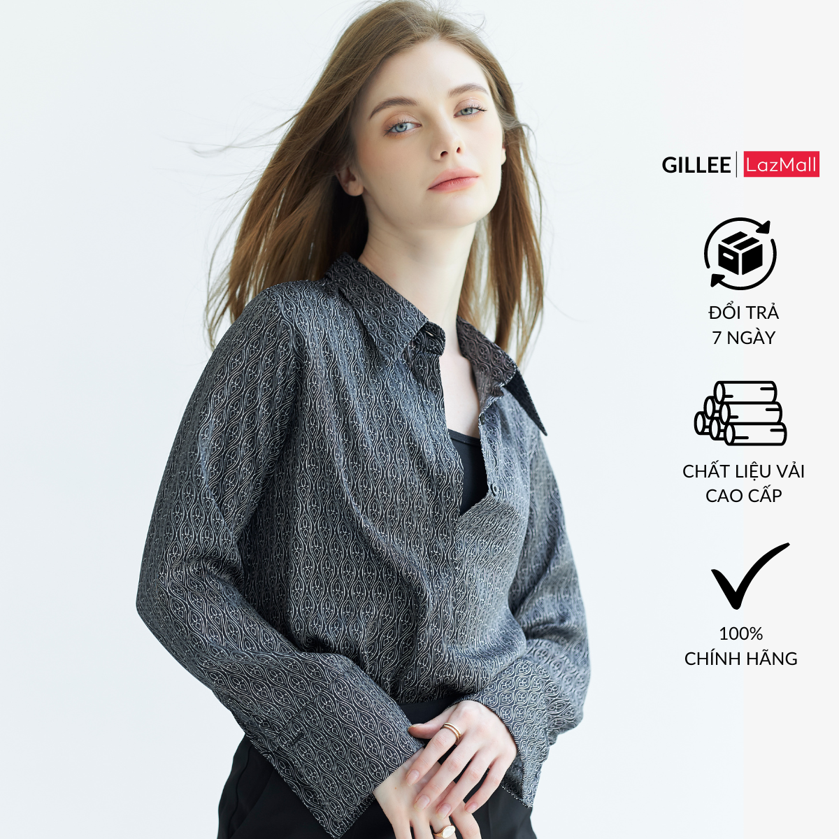 Áo sơ mi họa tiết nữ GILLEE sơ mi form rộng tay dài loe vải lụa satin hoạ tiết cao cấp FAS276