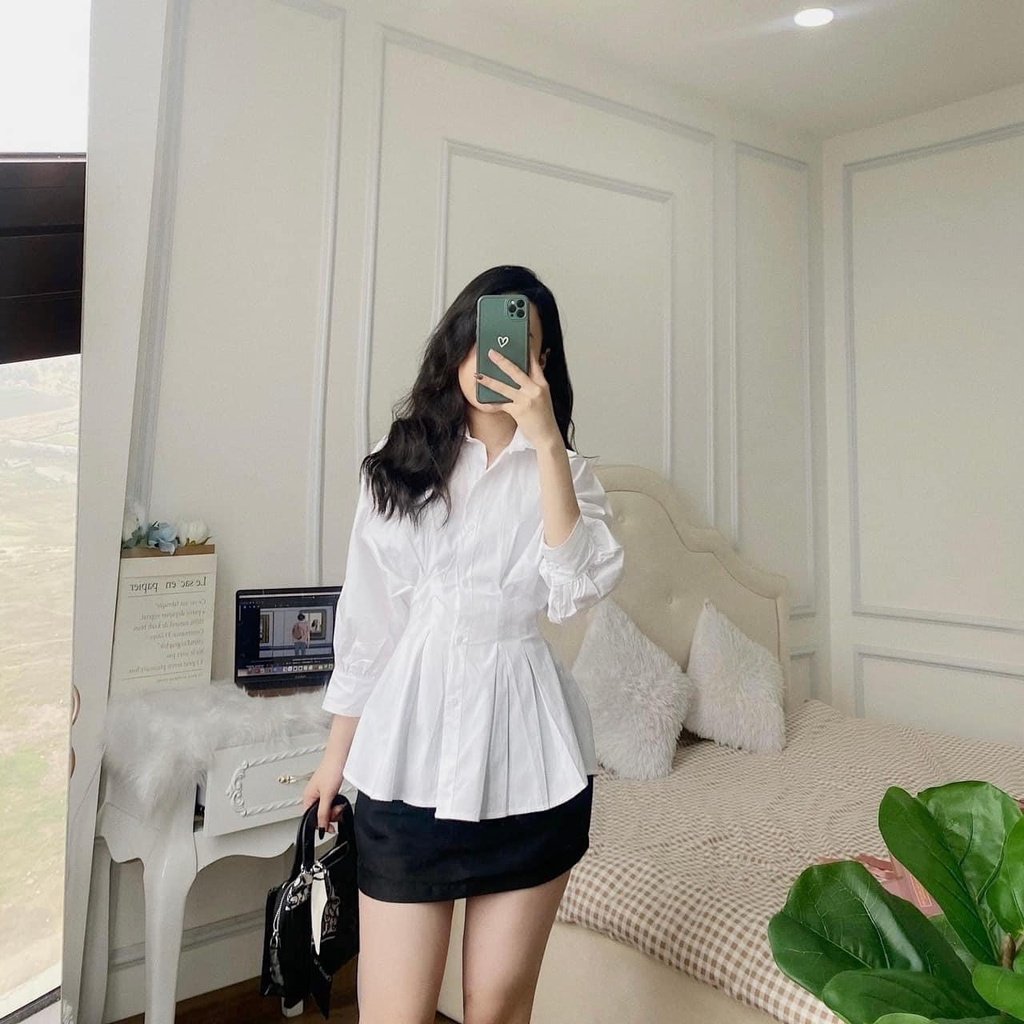 Áo sơ mi nữ trắng công sở nhúm eo dáng xòe cá tính