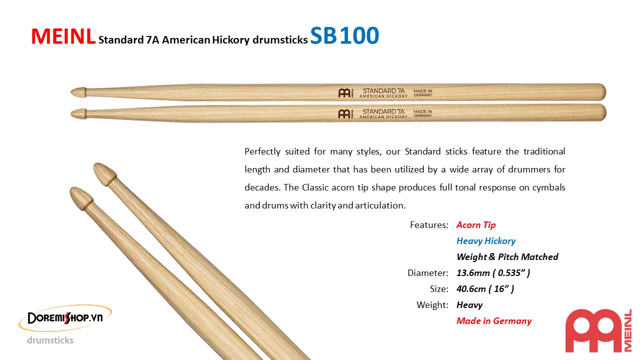 [HCM]Dùi trống MEINL Standard 7A American Hickory drumsticks SB100