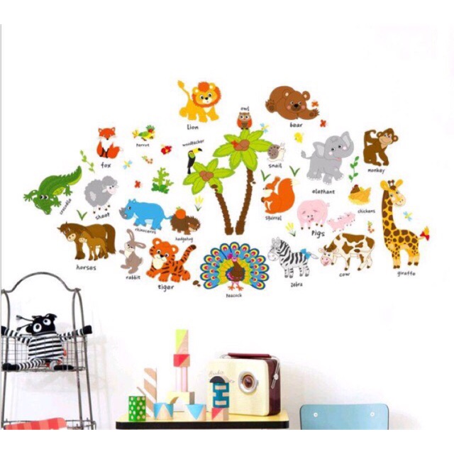 Decal dán tường vườn thú tiếng anh Tranh dán tường vườn thú tiếng anh cao cấp cho bé