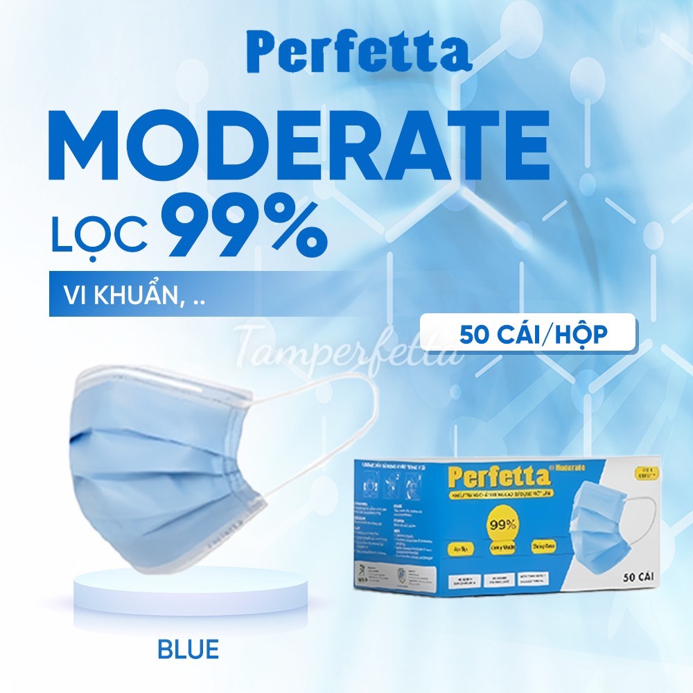 Khẩu Trang Y Tế Cao Cấp Perfetta  Moderate 3 Lớp Màu Xanh Dương ,Kháng Khuẩn ,Lọc bụi ,khang vi rút ( 1 hộp 50 cái )