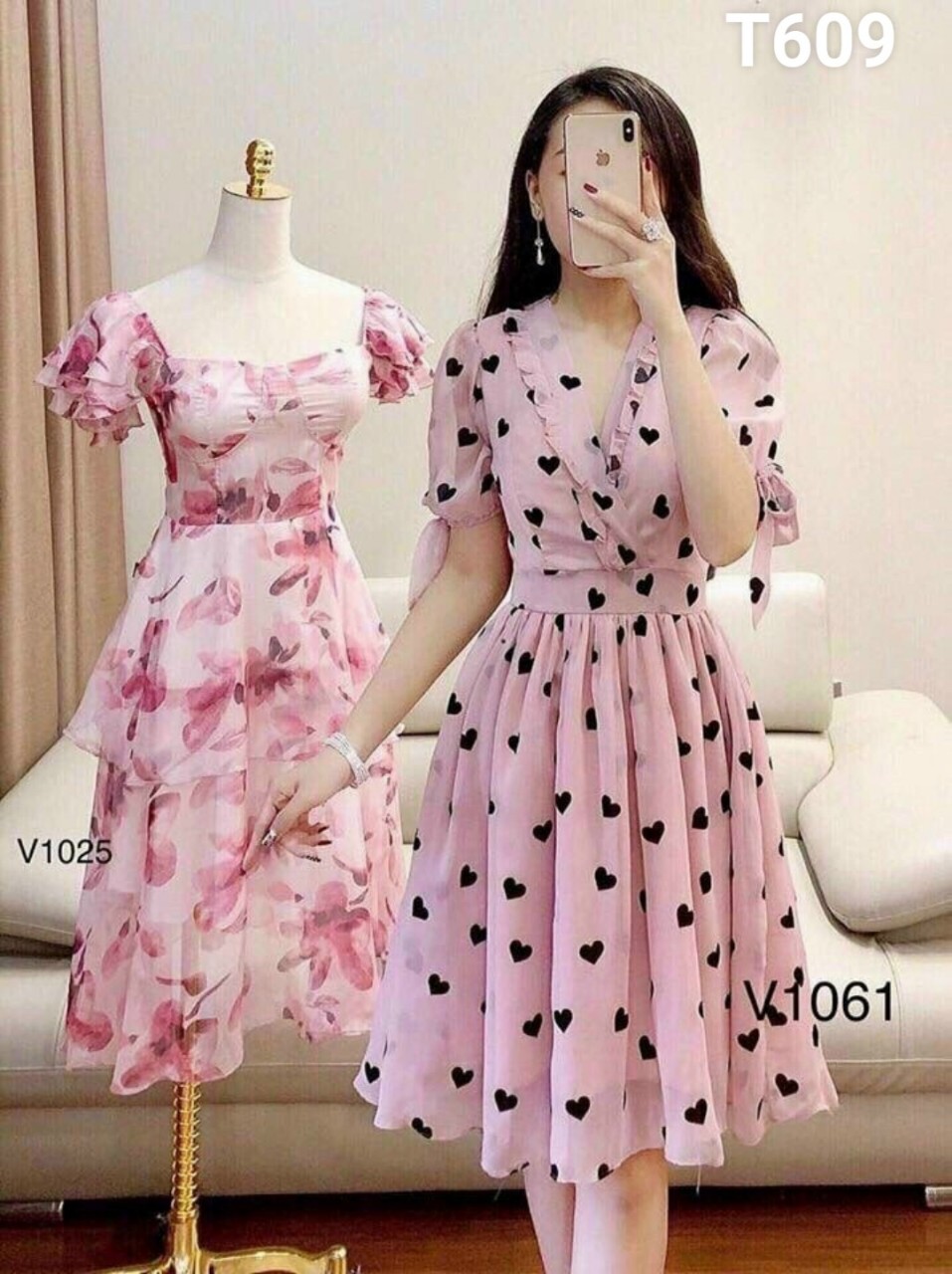 Đầm xoè xẻ ngực trái tim chất liệu voan lụa cao cấp T609