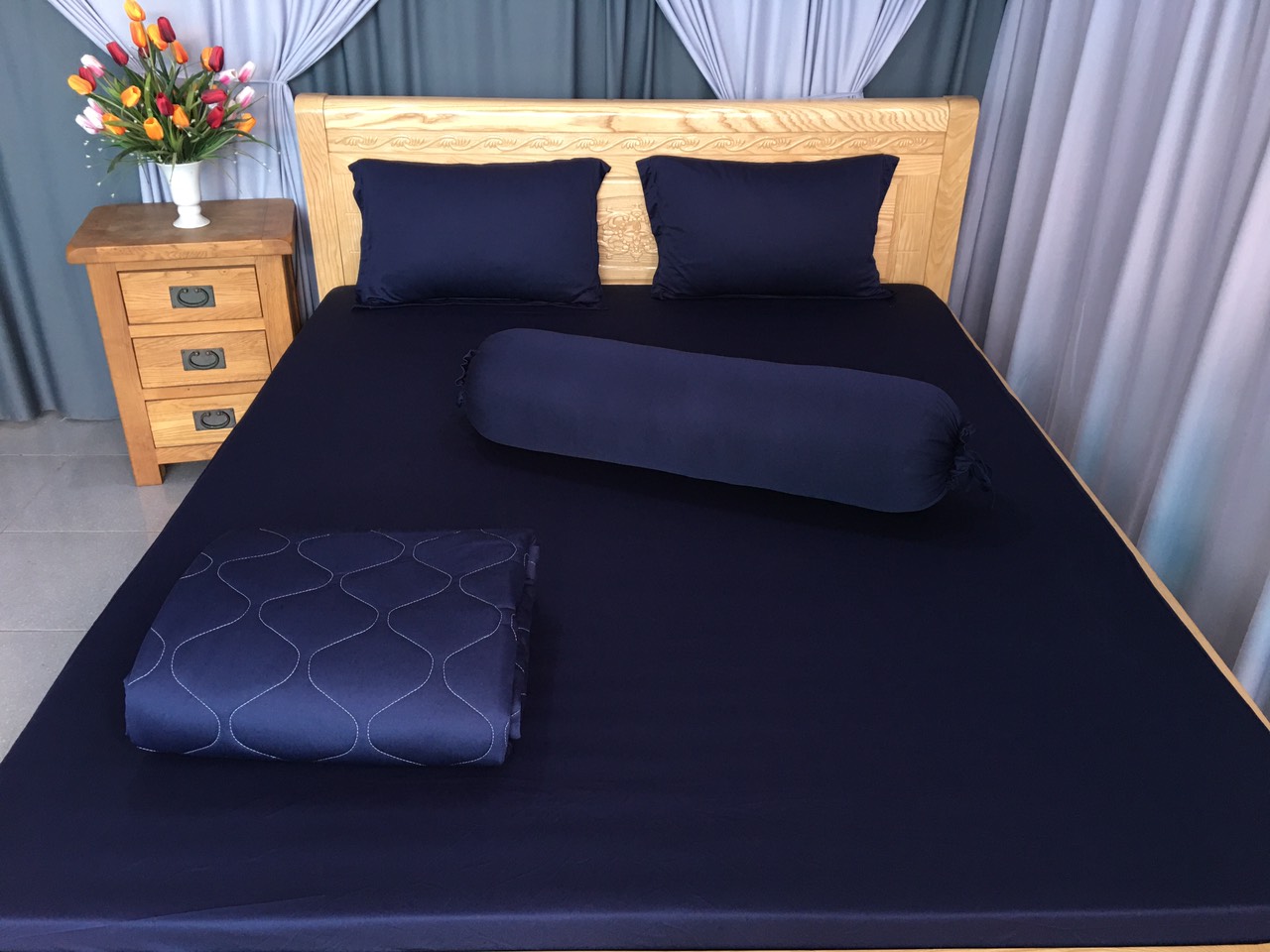 Bộ Ga Gối 4 Món Thun Lạnh Hàn Quốc Màu Xanh Đen - Chăn Ga Gối Thun Lạnh Hàn Quốc