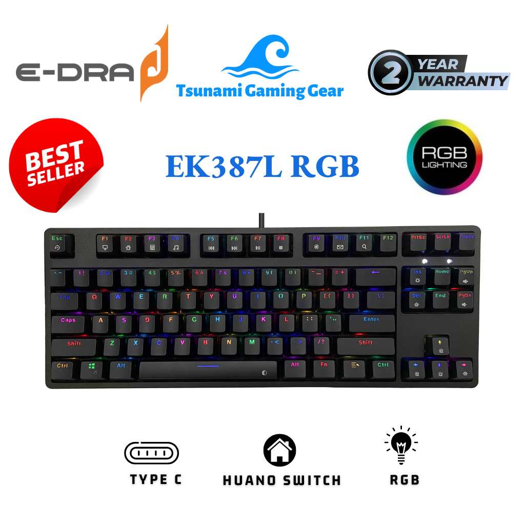 Bàn phím cơ E-Dra EK387L RGB verion 2023/ EK387 RGB version 2021 I Huano Switch I USB Type C I Dây rời I Bảo hành 2 năm
