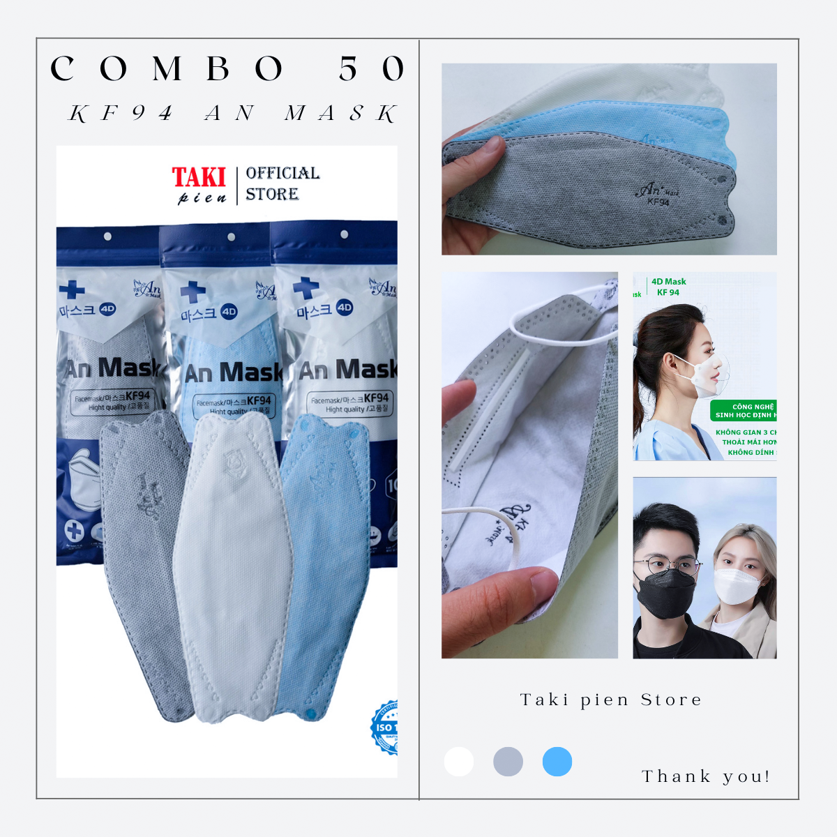 [Combo 50 cái] Khẩu trang kf94 hàn quốc An mask kháng khuẩn 4 lớp, công nghệ dập hàn quốc chống bụi mịn, tiêu chuẩn iso