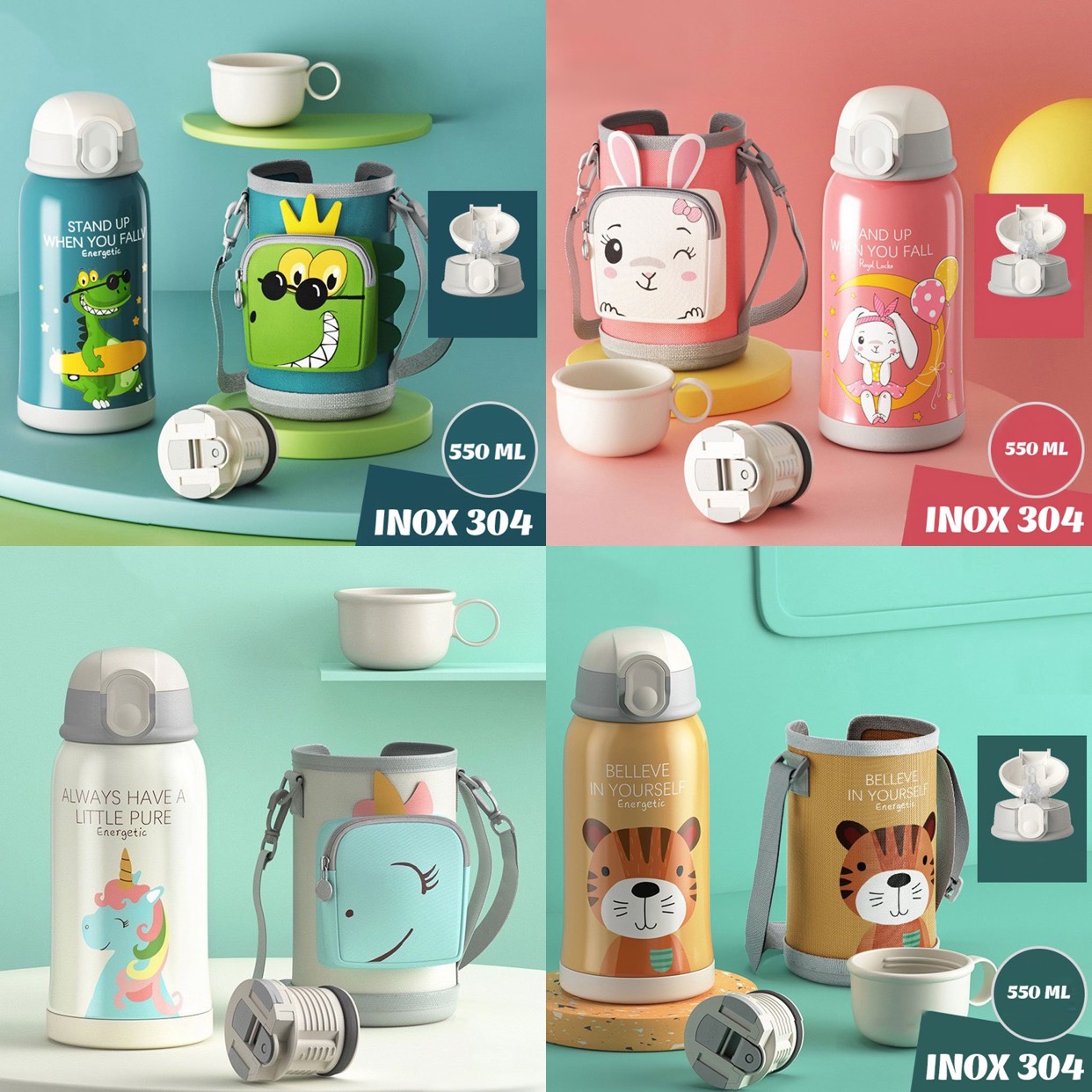 Bình đựng nước cho bé- bình đựng nước có ống hút- có túi đeo giữ nhiệt Bình nước 550ml - Khủng Long Xanh - Thỏ Hồng