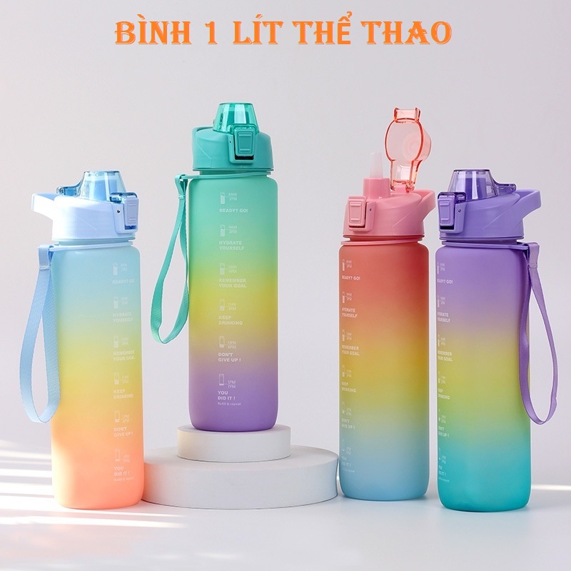 【HỎA TỐC】Bình Nước 1 Lít Thể Thao Nhắc Nhở Uống Nước Mỗi Ngày Tích Hợp Ống Hút Có vạch kẻ chia ML và Báo Giờ Chất Liệu An Toàn