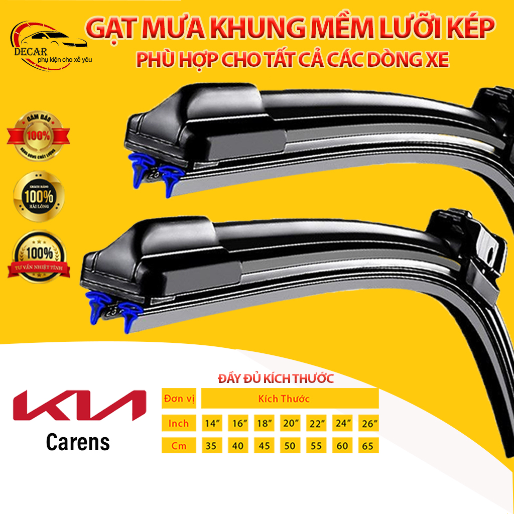 Gạt mưa lưỡi kép cao cấp cho xe KIa Carens, bộ cần gạt kính nước mưa ô tô 2 lưỡi khung mềm ô tô, gat mua oto khung mềm, bộ cần gạt kính nước mưa xe hơi 2 lưỡi khung mềm xe Kia Morning , K3 , Cerato, Sedona, Forte, Sorento, Rio