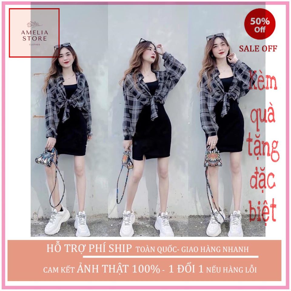 ( ẢNH THẬT) SÉT ÁO SƠ MI KẺ CARO KÈM VÁY 2 DÂY ÔM BODY THỜI TRANG HÀN QUỐC, AMELIA, SÉT BỘ NỮ, SÉT ĐẦM 2 DÂY NỮ, SÉT ÁO SƠ MI KẺ CARO NỮ,