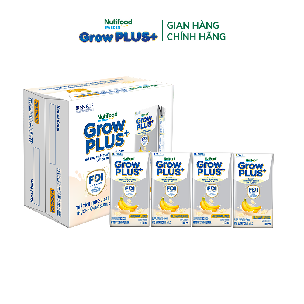 Combo 3 Thùng 24 hộp Sữa bột pha sẵn Nutifood Sweden GrowPLUS+ Vị Chuối Sữa hộp 110ml - Hỗ trợ phát triển chiều cao