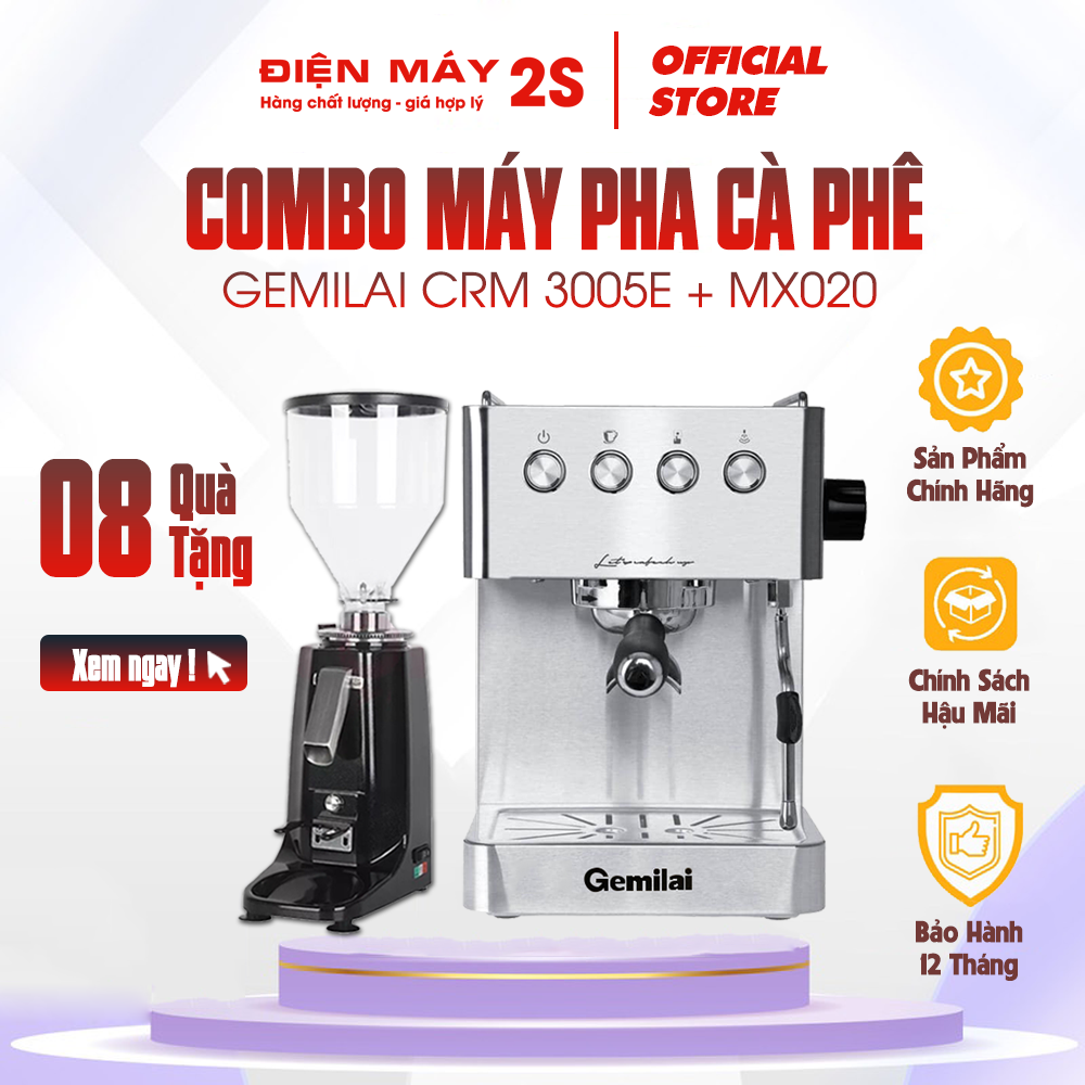 Combo máy pha cà phê gemilai 3005e và máy xay crm 020 -sử dụng cho quán cà phê vừa cà nhỏ hoặc sử dung bán mang đi take away công suất 70 ly - nhận ngay 08 quà tặng cực sốc !!! giá tốt lazada 2023