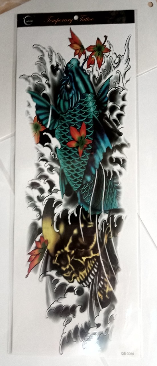 Hình xăm dán cá chép xanh mặt quỷ full tay nửa lưng+ tặng kèm hình dán mini
