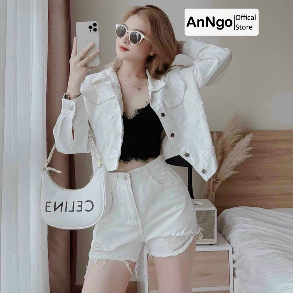 Quần sooc đùi jean nữ trắng rách nữ cực sang chất jean denim bền đẹp Anngo - AT199A