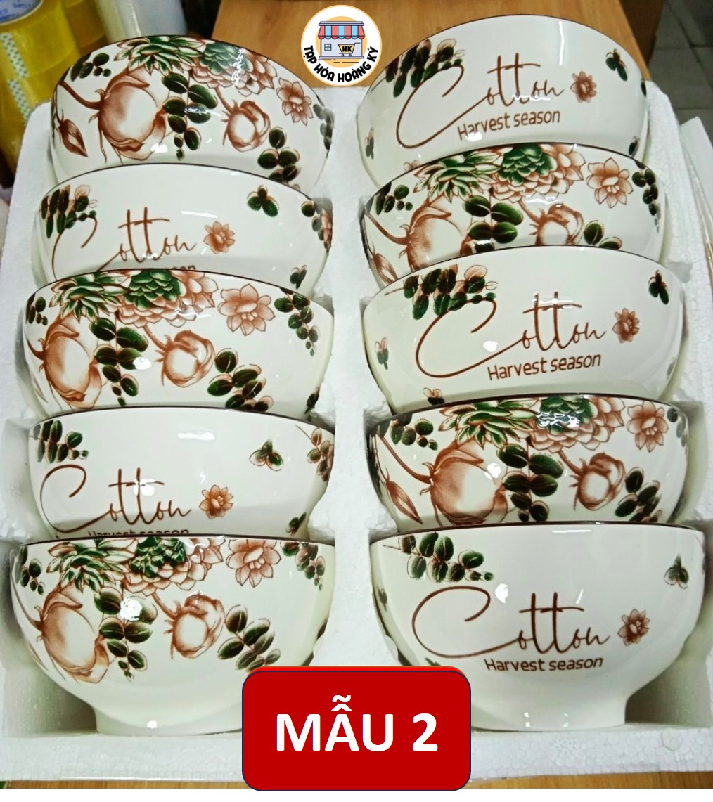 Bộ 10 Chén gốm sứ ăn cơm hoa văn 4D viền miệng chén
