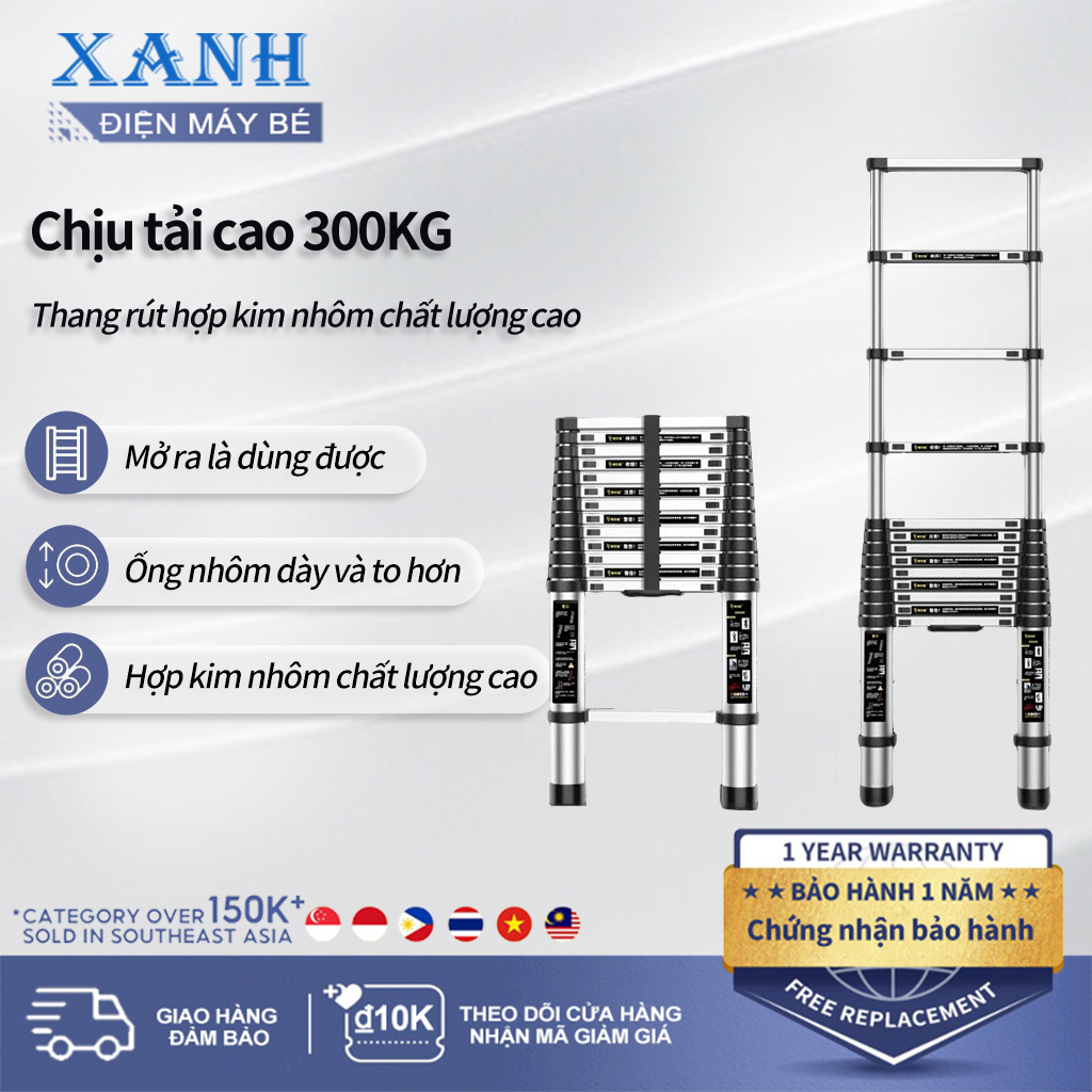 Thang Nhôm Rút (3M - 5.4M) Nhập Khẩu - Ống Thang Nhôm Liền Khối, Không Có Ngấn Nối