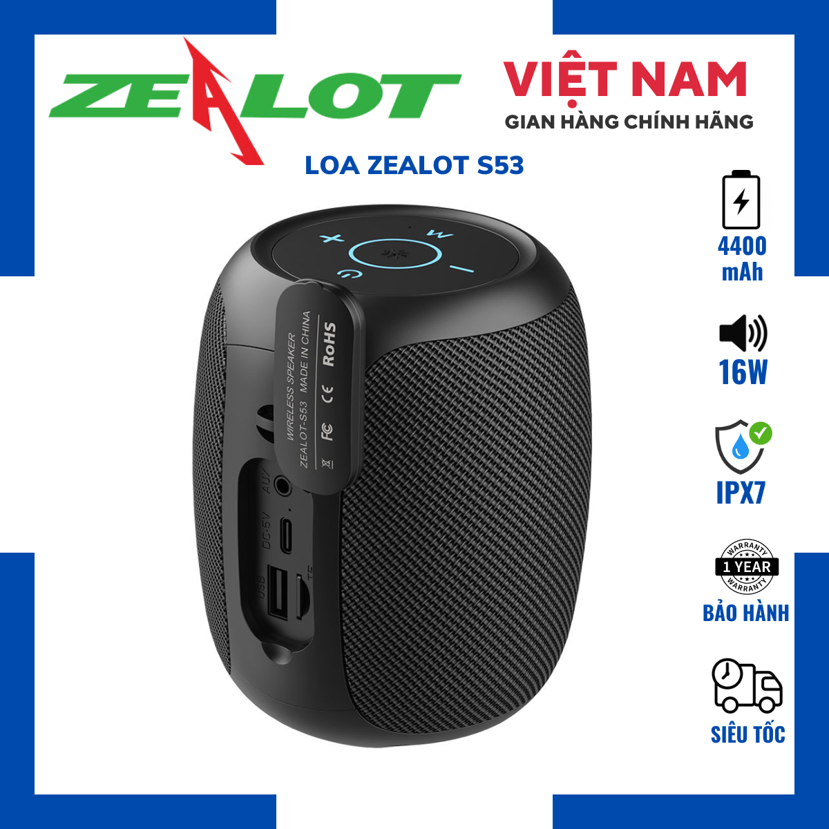 Loa zealot s53 | loa bluetooth zealot s53 kháng nước ipx7 công suất 10w bass mạnh