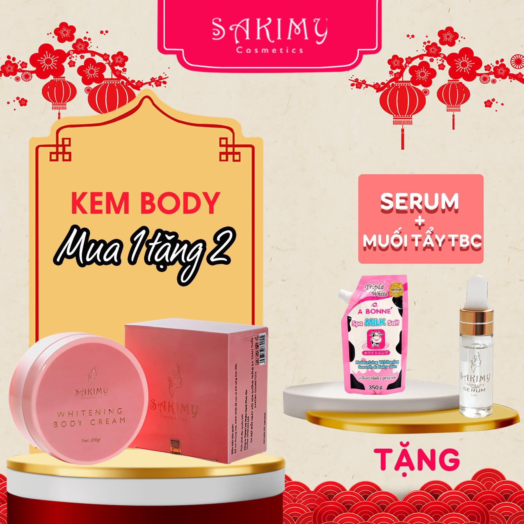 Kem Body trắng da Sakimy 200gr tặng 1 chai serum kích trắng và 1 gói Muối tắm bò thái lan + Quà tặng ngẫu nhiên.