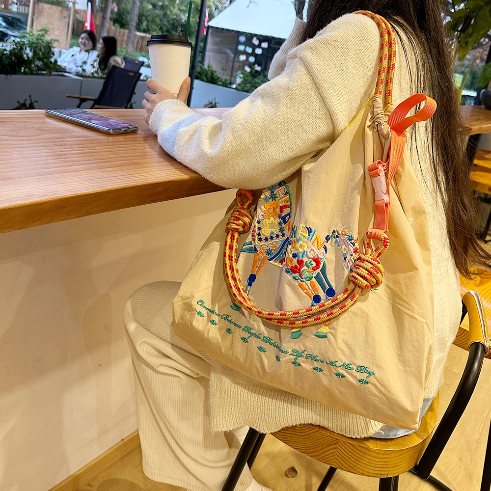  Japanese Style Ball Chain Canvas Bag with Nylon Embroidery,Eco-friendly Shopping Tote Bag with Single Shoulder Design for Women 