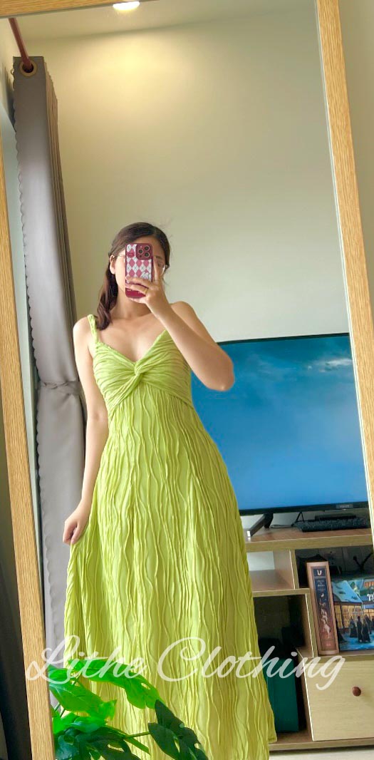 Váy đầm nữ maxi 2 dây xoắn ngực xanh bơ lithe clothing_DA1010