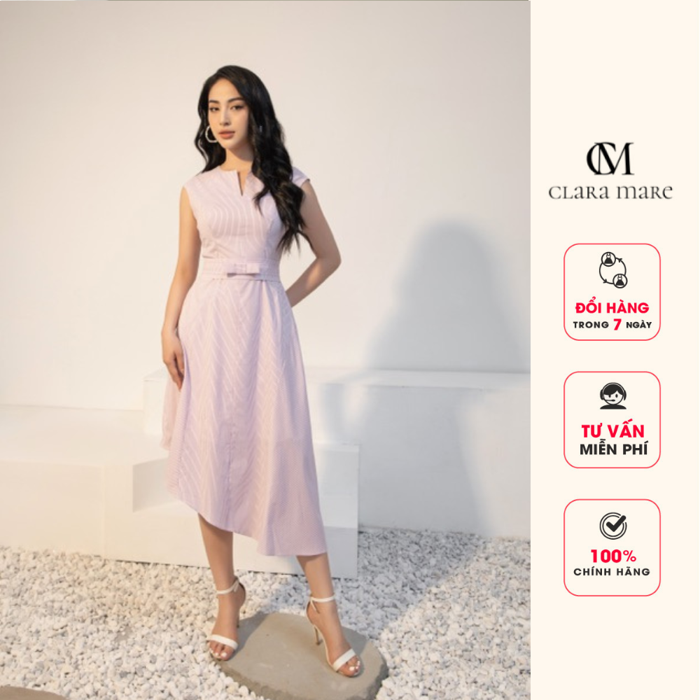 Đầm kẻ cổ tròn, xẻ trước, vạt lệch kèm đai eo, chất liệu cotton kẻ, co giãn nhẹ, đầm may hai lớp CLARA MARE DRE4018