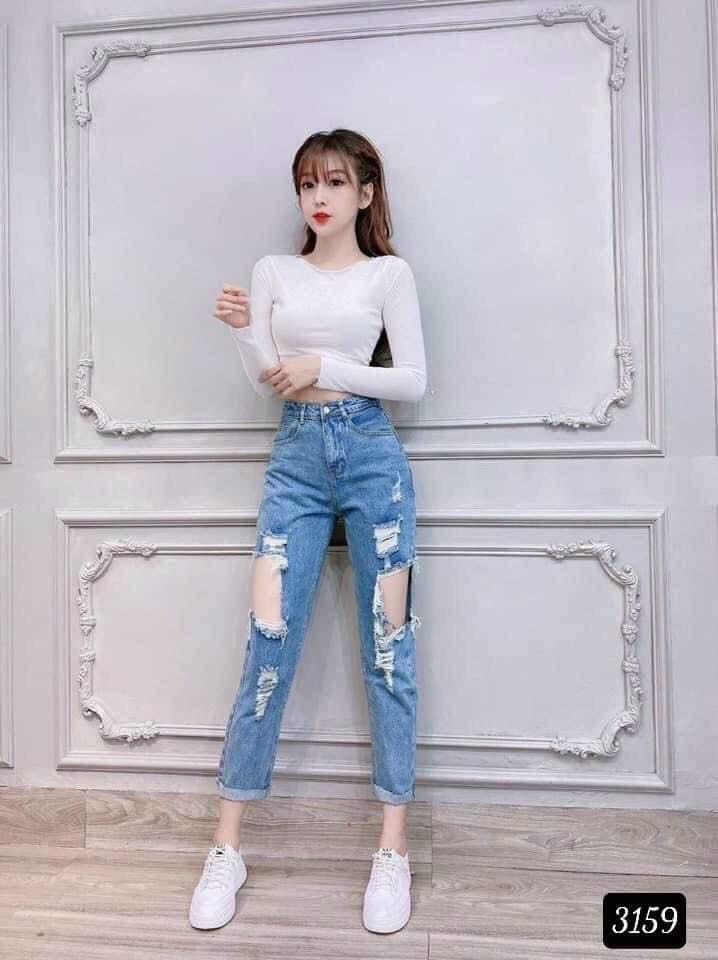 [Mua 2 giảm 5%] Quần jean nữ BAGGY RÁCH KIỂU HỞ ĐÙI xanh nhạt xịn xò  quần bò 9 tấc nữ chất jean vải đứng