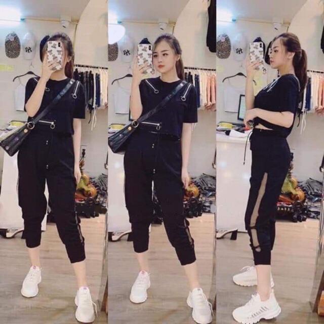 Set áo croptop khóa kéo và quần phối sọc lưới Cá tính (Đen)