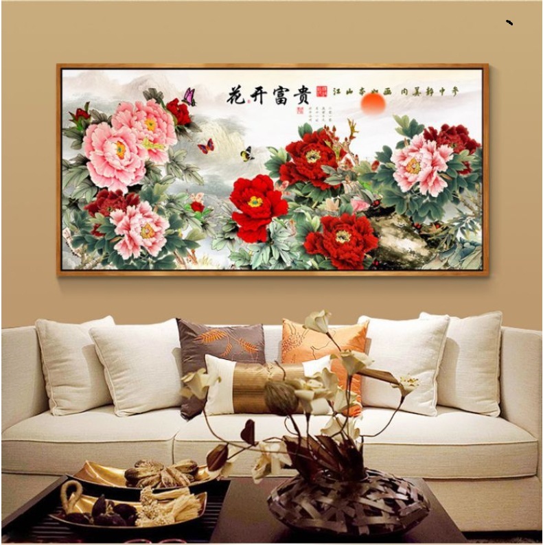 Tranh thêu hoa mẫu đơn 195x83cm chưa thêu
