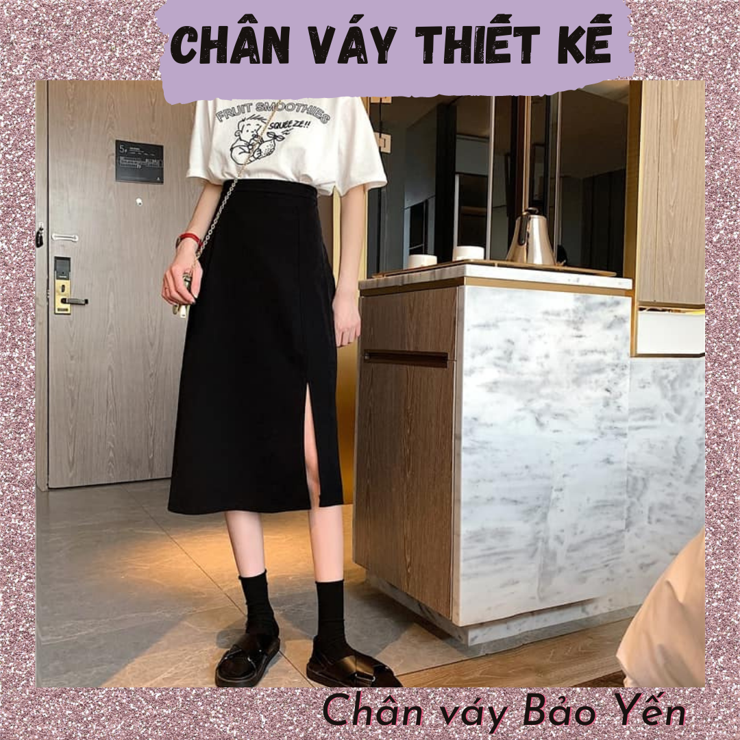 Chân váy midi A xẻ đùi dài 70cm