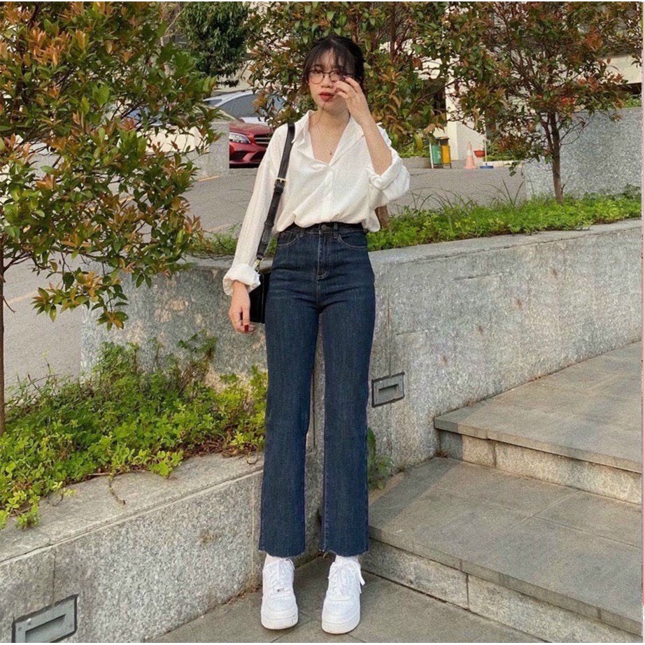 Quần jean ống đứng màu XAnh Đậm chất bò ống suông jean nữ cạp cao ống rộng co dãn