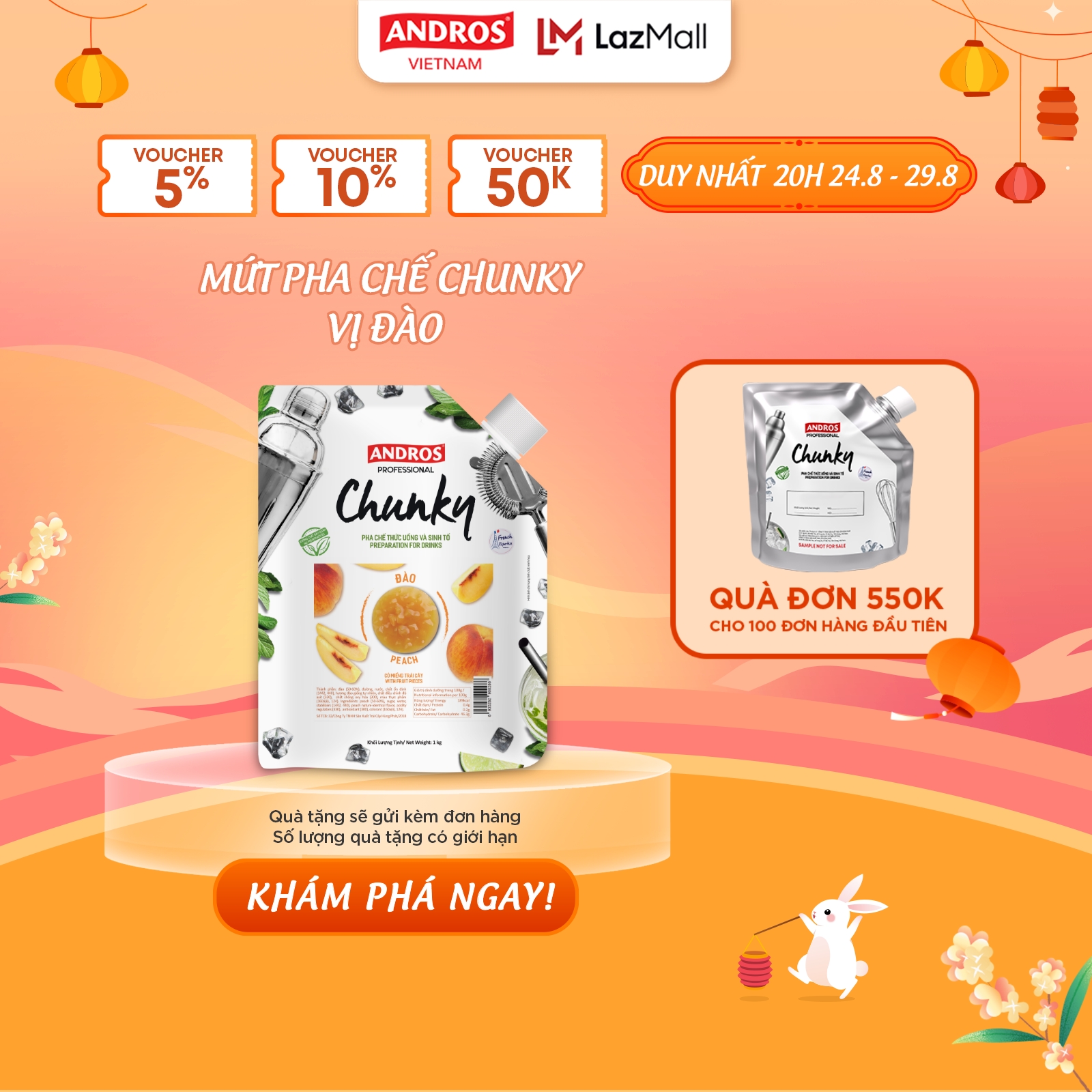 Mứt Trái Cây Pha Chế Đào - Có miếng trái cây thật - Nguyên liệu pha chế - ANDROS CHUNKY - 1kg