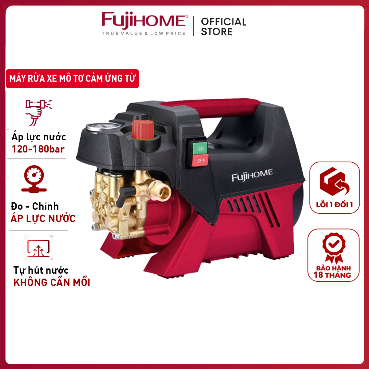 Máy rửa xe mini nhập khẩu mô tơ cảm ứng từ 3200W Fujihome, máy phun xịt rửa đa năng tự động hút nước không cần mồi - bảo hành 18 tháng