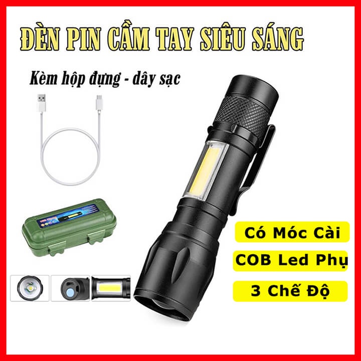 Đèn pin siêu sáng cao cấp mini m2, có zoom, 3 chế độ sáng, có đèn cob bên hông, kèm dây sạc fullbox