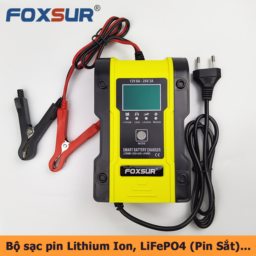 Bộ sạc Foxsur sạc pin Lithium ion 18650, LiFePO4 pin sắt 32650, ắc quy axít chì 12V(6A) 24V(3A) 6Ah - 120AH