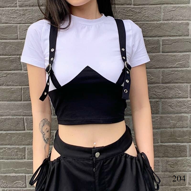 [HCM]Áo croptop kiểu JOY CLOTHING form ôm🐧 thun xịn co giãn 4 chiều,phối dây yếm chất ngầu,áo crop top kieu tay ngắn CRON 204 -5E