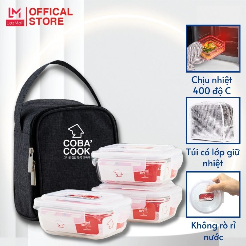 Bộ 3 hộp chữ nhật 370ml đựng cơm kèm túi hộp thủy tinh giữ nhiệt COBA'COOK- CCL33BS