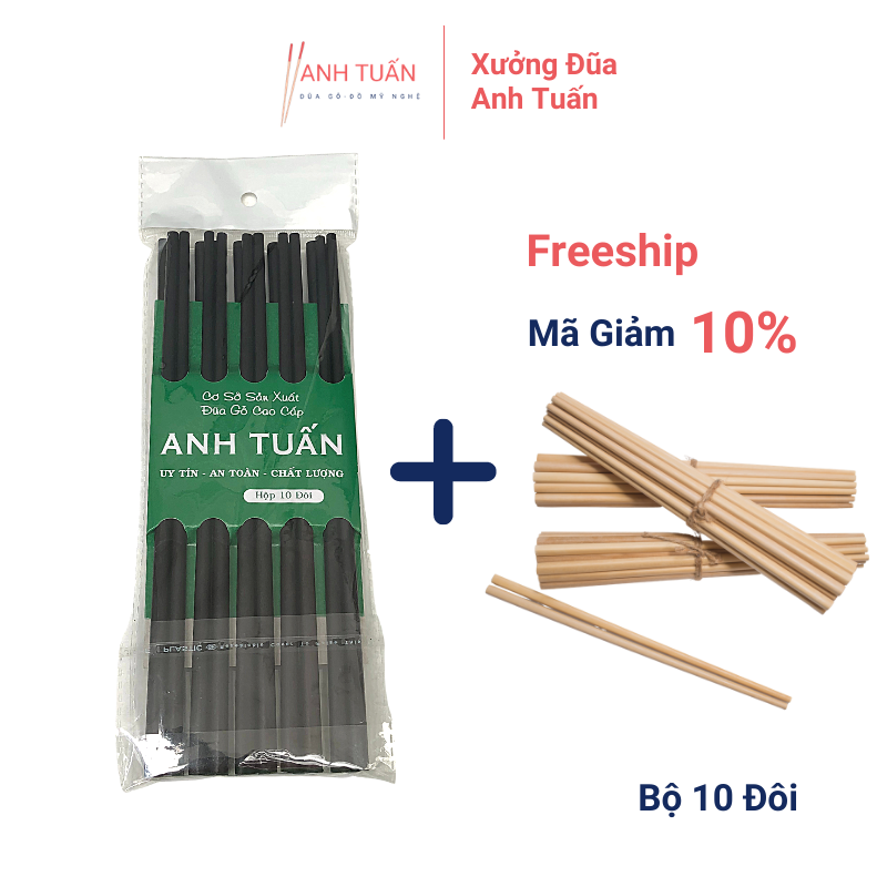 Bộ 10 đôi đũa gỗ MUN cao cấp tự nhiên kháng khuẩn chống mốc xưởng đũa Anh Tuấn