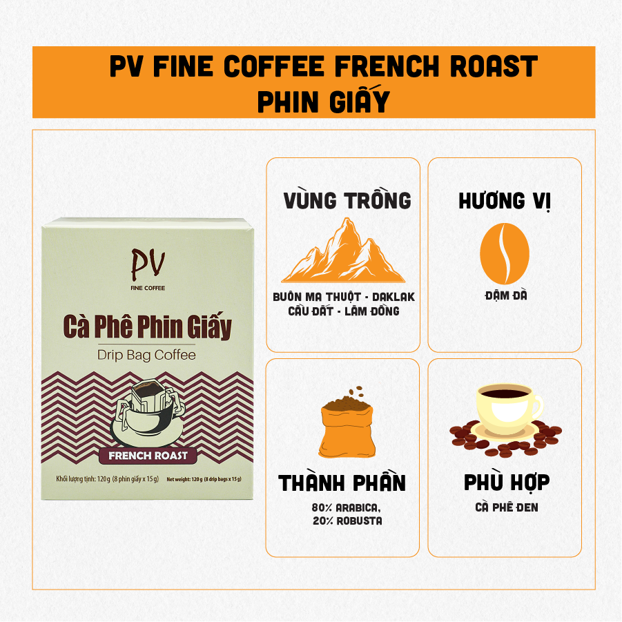 Cà phê phin giấy PV Fine Coffee French Roast 8 phin giấy x 15g
