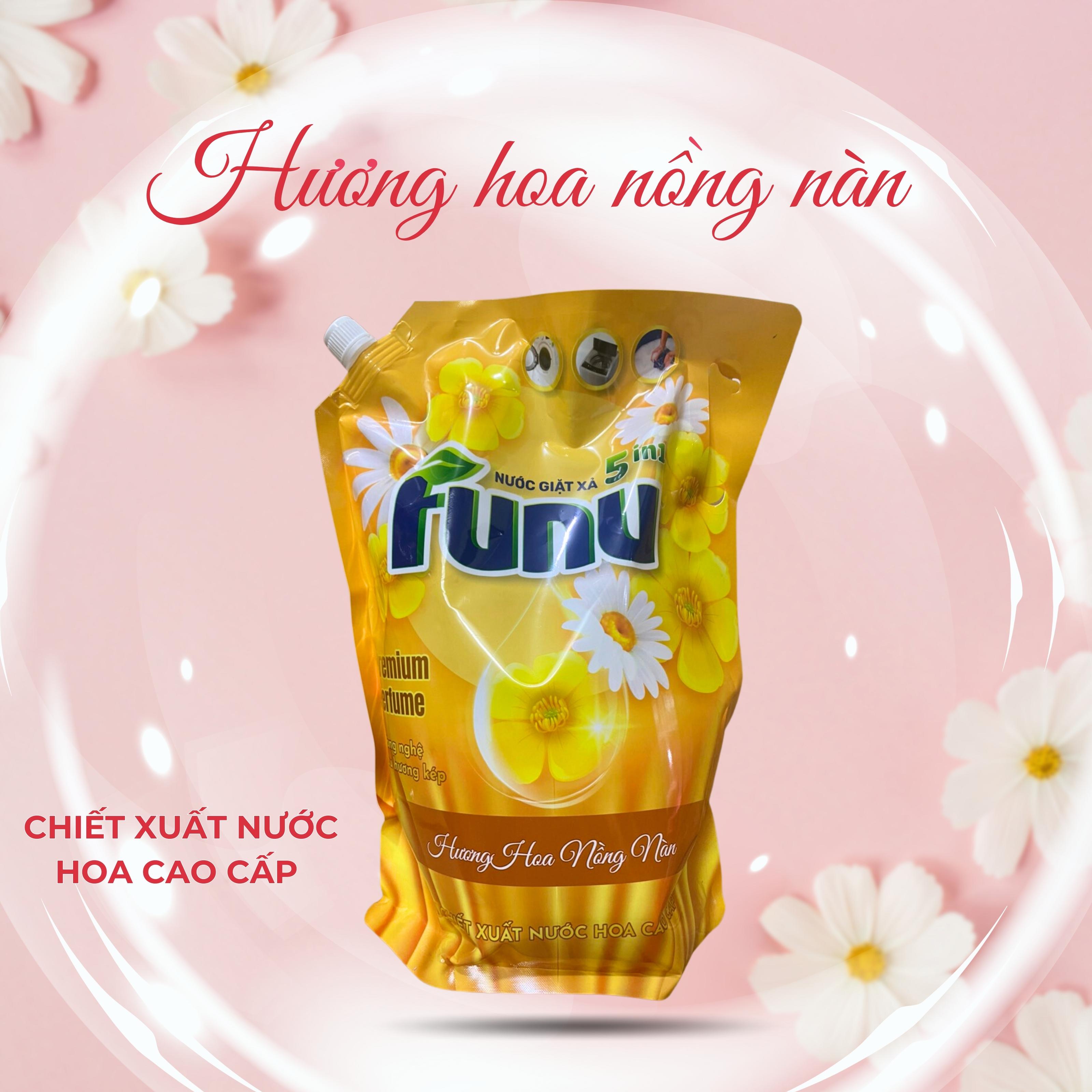 Nước giặt xả quần áo Funu 5in1 Hương hoa nồng nàn lưu giữ hương thơm mát suốt 24h dùng cho cả giặt tay và giặt máy (Màu vàng)