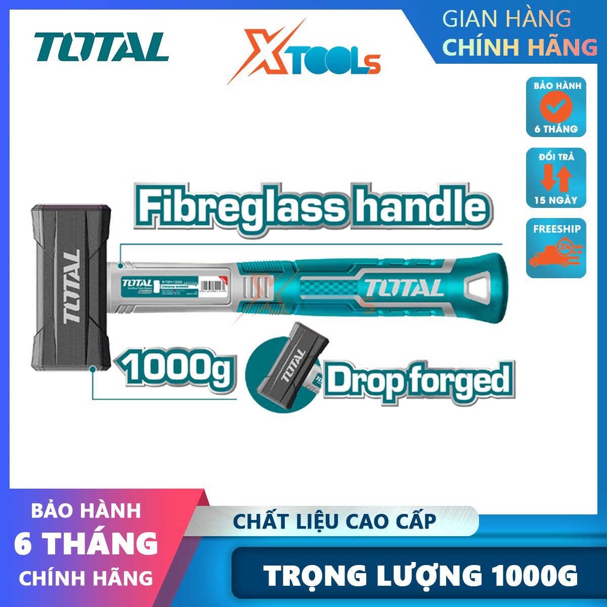 Búa tạ 1000g total thtsth10006 thép cacbon 45, đầu búa đúc rèn nguyên khối, chịu nhiệt tốt xtools