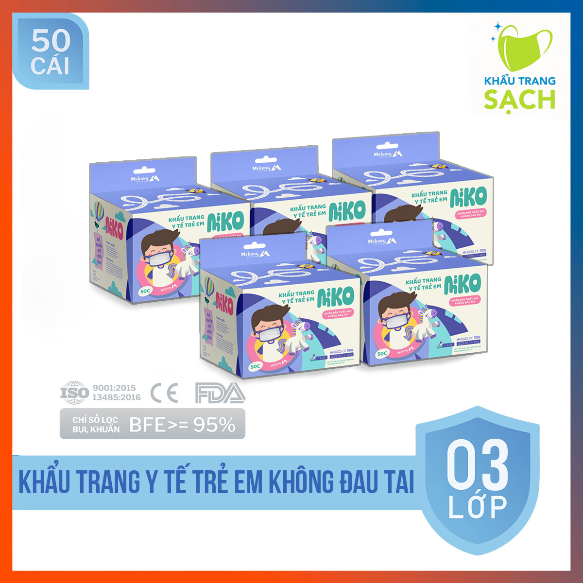 Combo 5 Hộp Khẩu Trang Y Tế Trẻ Em Cao Cấp Miko 3 Lớp Kháng Khuẩn Có Dây Đeo Mềm Không Đau Tai