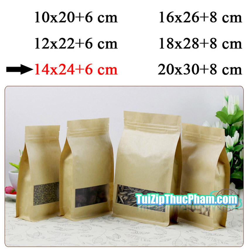 100 cái túi zip MIS size 14x24+6 cm Túi giấy kraft vàng 8 cạnh có cửa sổ tràn viền, túi giấy đựng thực phẩm có zipper chất lượng caog lớn