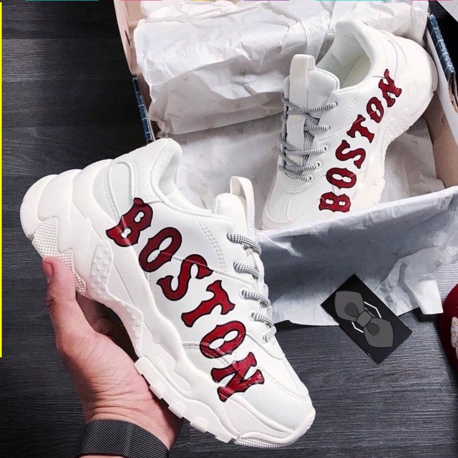 Giày thể thao nam nữ trắng , giày MLB Boston độn đế tăng chiều cao