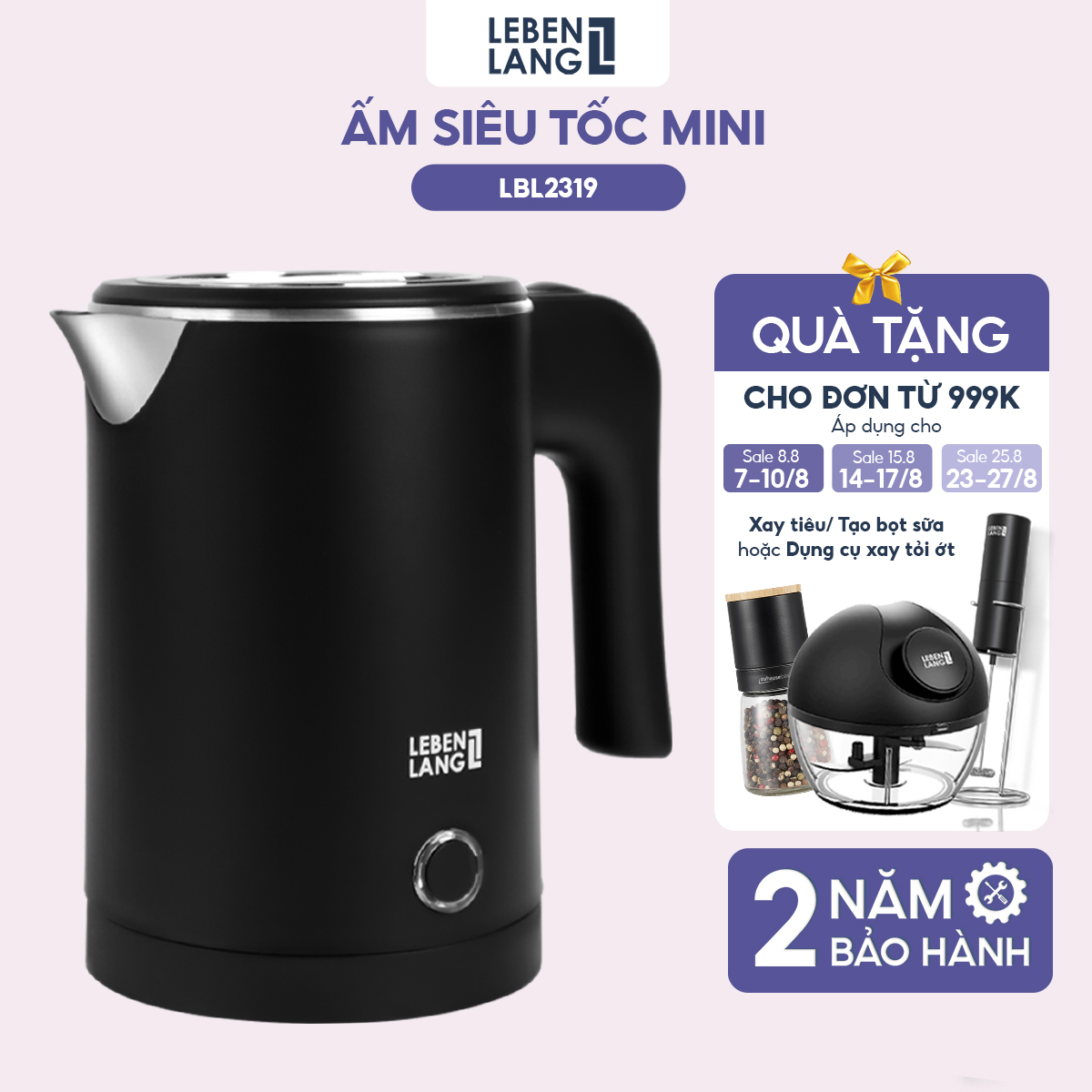 Ấm siêu tốc mini Lebenlang LBL2319, công suất 600W, sôi nhanh trong 4 phút, nhỏ gọn, dễ mang đi du lịch, bảo hành 2 năm - hàng chính hãng
