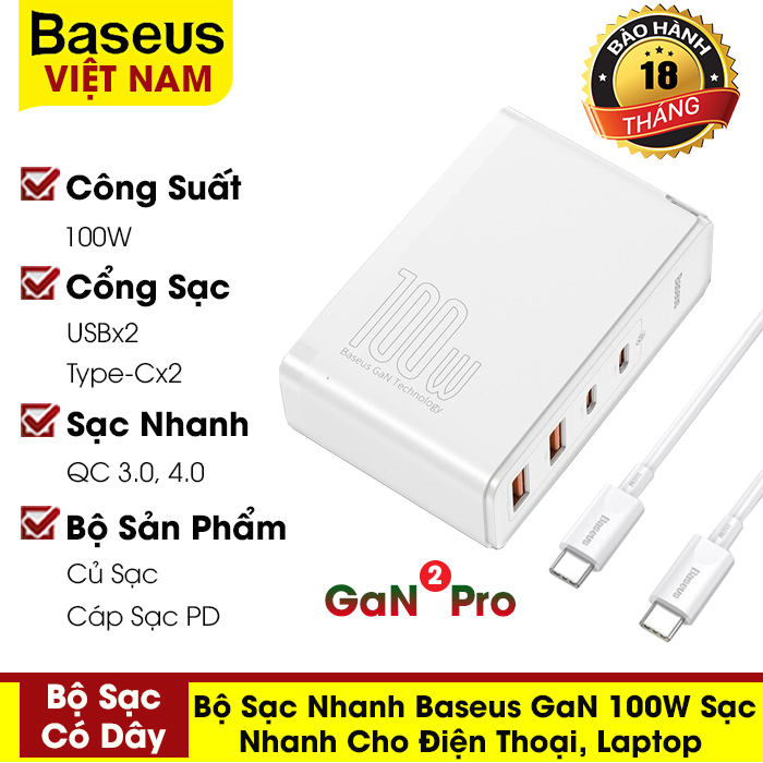 [BẢO HÀNH 18 THÁNG] Bộ sạc nhanh Baseus GaN 2 Pro 4 cổng  / Gan 5 Pro  2 cổng  100W giao diện cổng USB Type-C 2 cổng USB -A  2 cổng USB-C sạc nhanh QC3.0 QC4.0