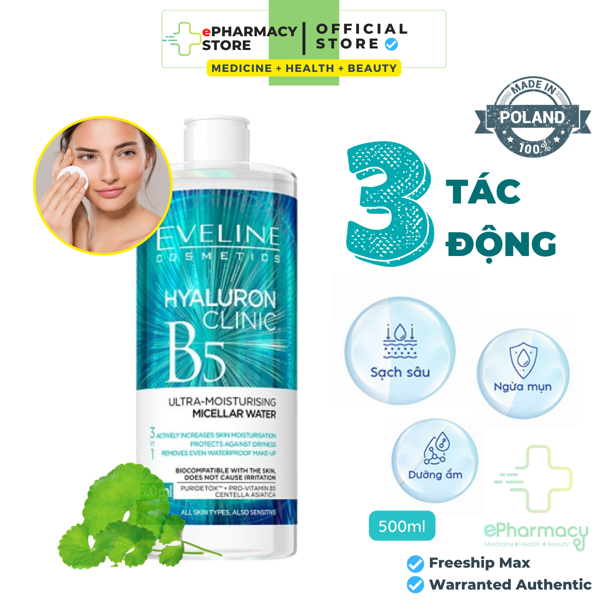 Nước Tẩy Trang Eveline B5 làm sạch & dưỡng ẩm cho mọi loại da EVELINE Hyaluron Clinic B5 Ultra Moisturising Micellar Water 500ml