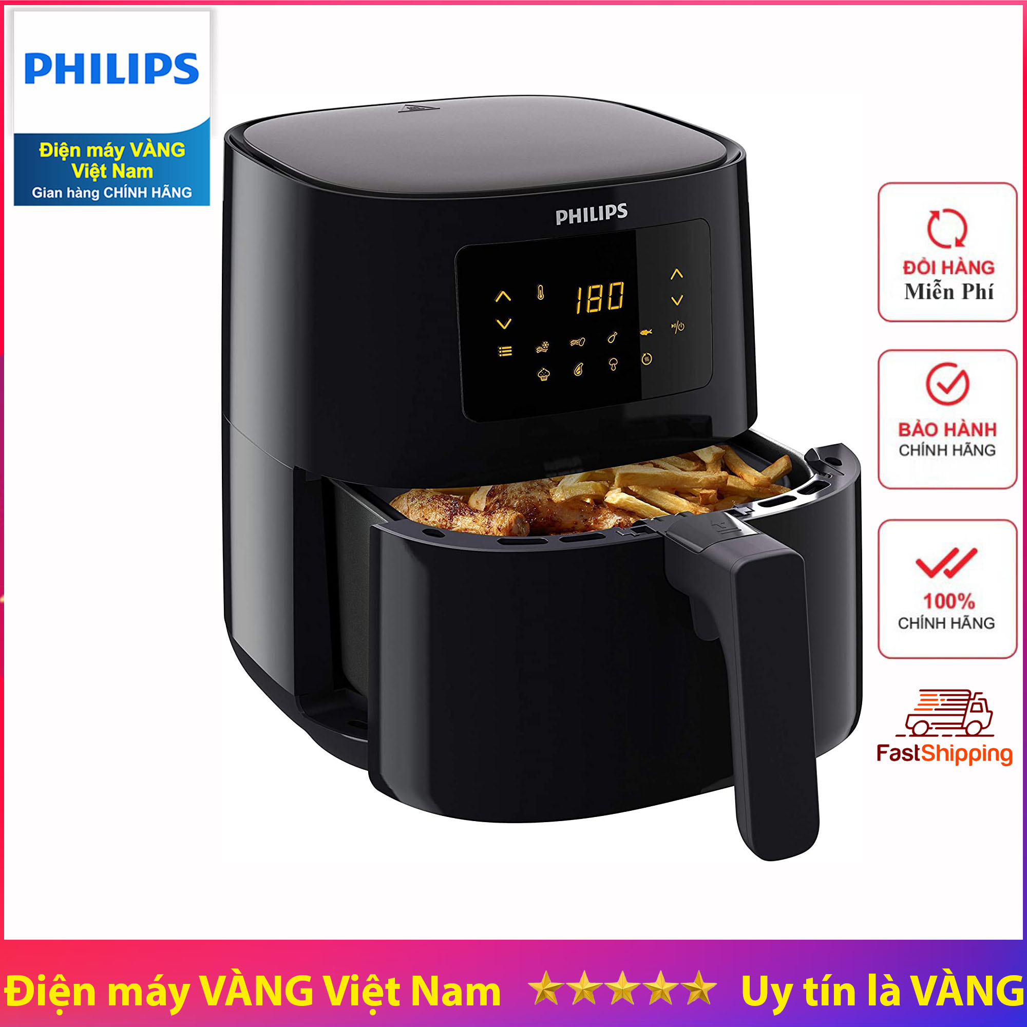 [Mẫu mới] Nồi chiên không dầu Philips HD9252 - Lòng nồi 4.1L, giỏ nướng 2.2L (Đen) - Hàng phân phối chính hãng, công nghệ Rapid Air giảm hơn 90% dầu mỡ, bảng điều khiển điện tử - Thay thế mẫu cũ HD9220