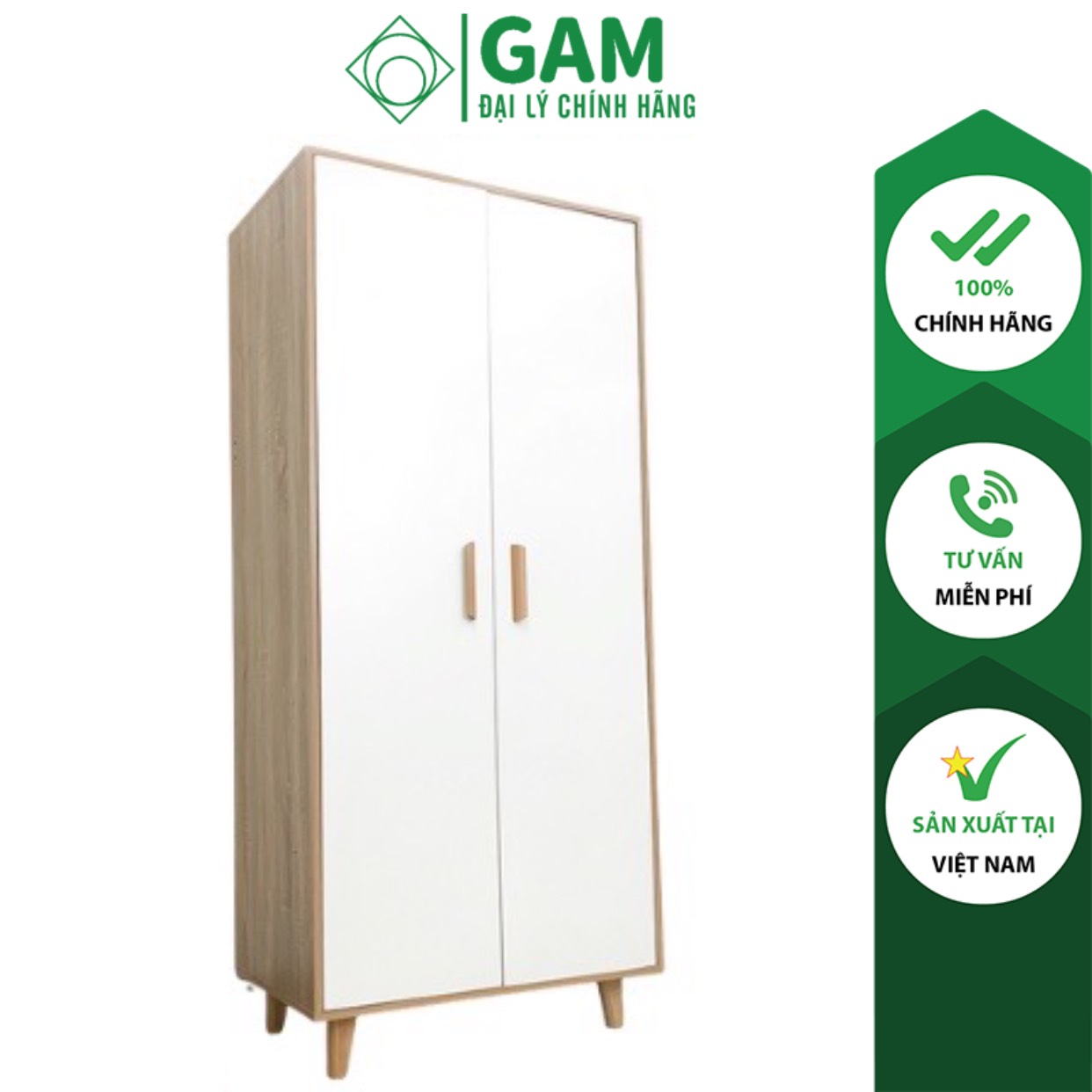Tủ quần áo gỗ 2 cánh kết hợp treo và ngăn tiện lợi, tủ quần áo iga shelf - gp129