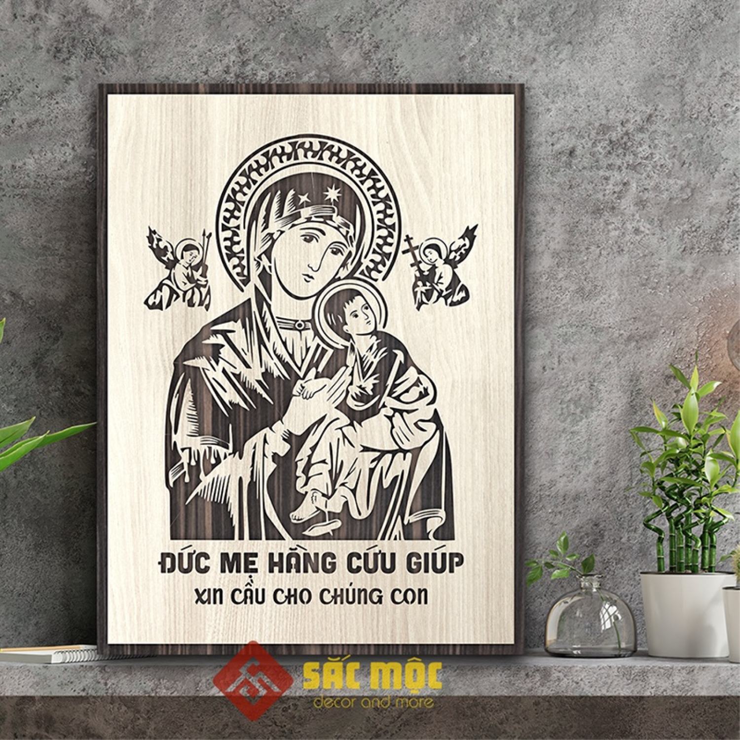 Tranh gỗ công giáo tcg09: đức mẹ hằng cứu giúp 20x27cm | 30x40cm | 40x55cm | 50x70cm