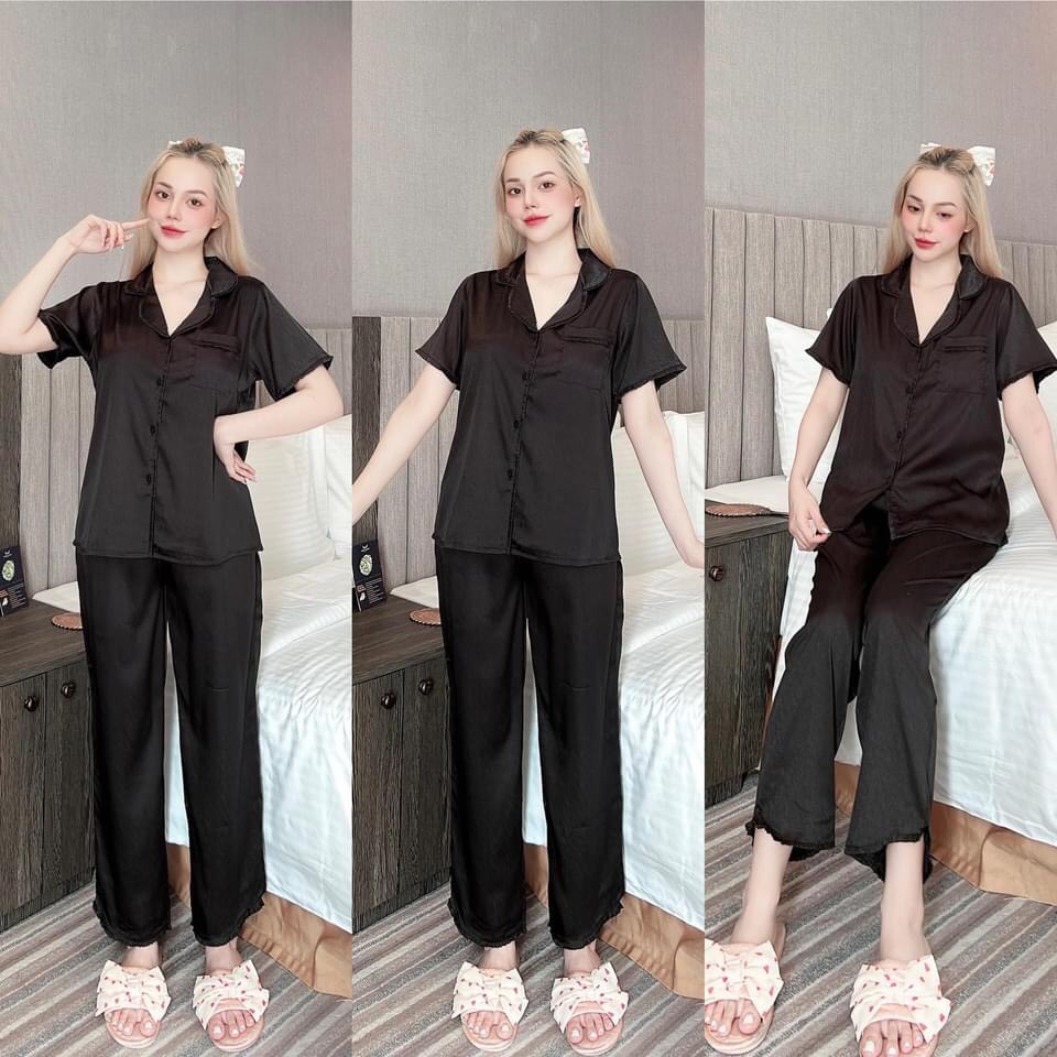 Pizama lụa vân gỗ cổ bèo hiện đại