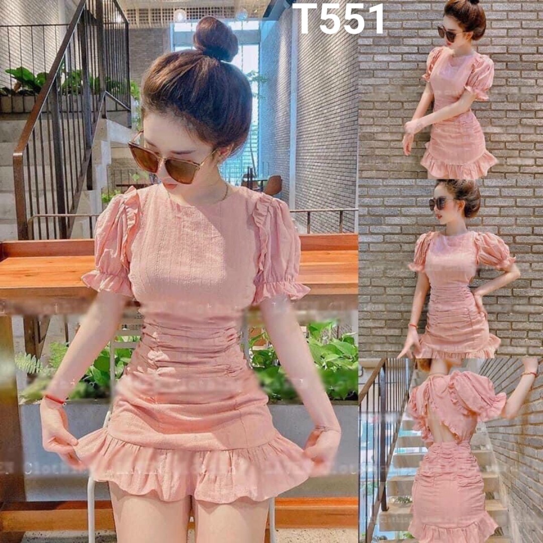 Đầm tay nhún có mút ngực quá đẹp y hình chất liệu đũi nhăn T551